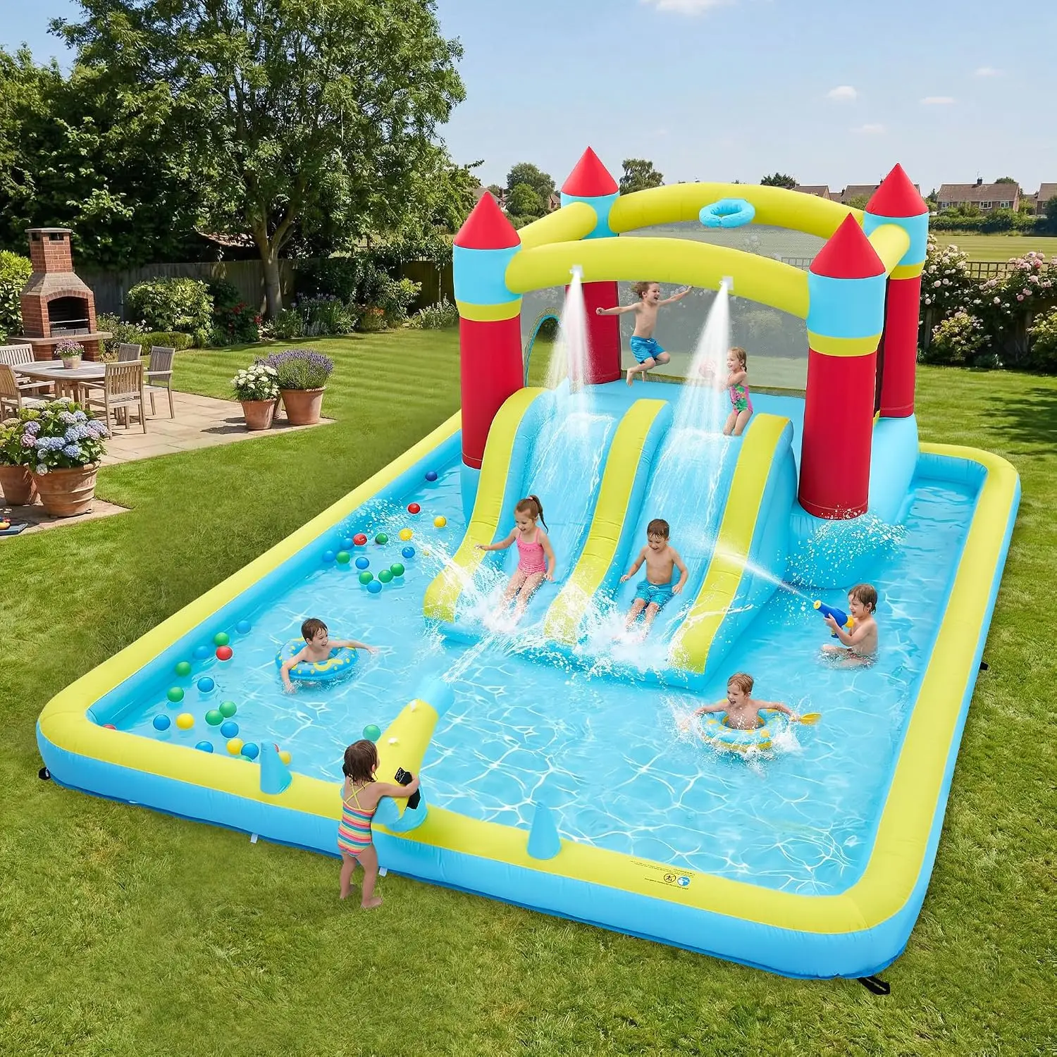 Tacleekii Inflatable Bounce House Water Slide 7-in-1 Double Slide Bouncy Castle with 350W Blower, Kids Outdoor Backyard Play Center with Jumping Area, Water Guns, Ball Pool, Basketball Hoop & Ring Toss