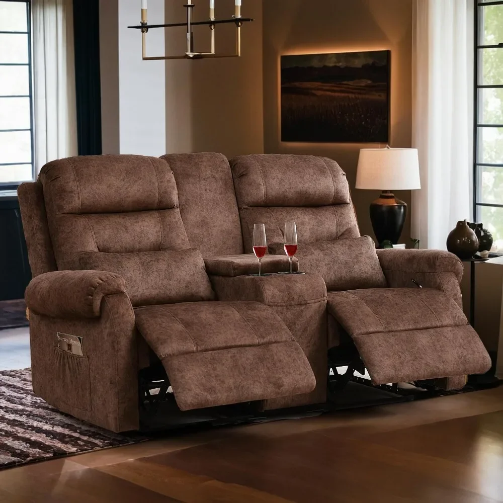 RV Loveseat Recliner with Console, Manual Home Theater Seating Loveseat with Cup Holders/Pockets, RV recliners for Living Room