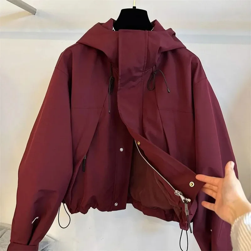 

New Fashion Hooded Short Windbreaker Jacket Women's Autumn Casual Zipper Hem Drawstring Loose Top Woman Outerwear Overcoat
