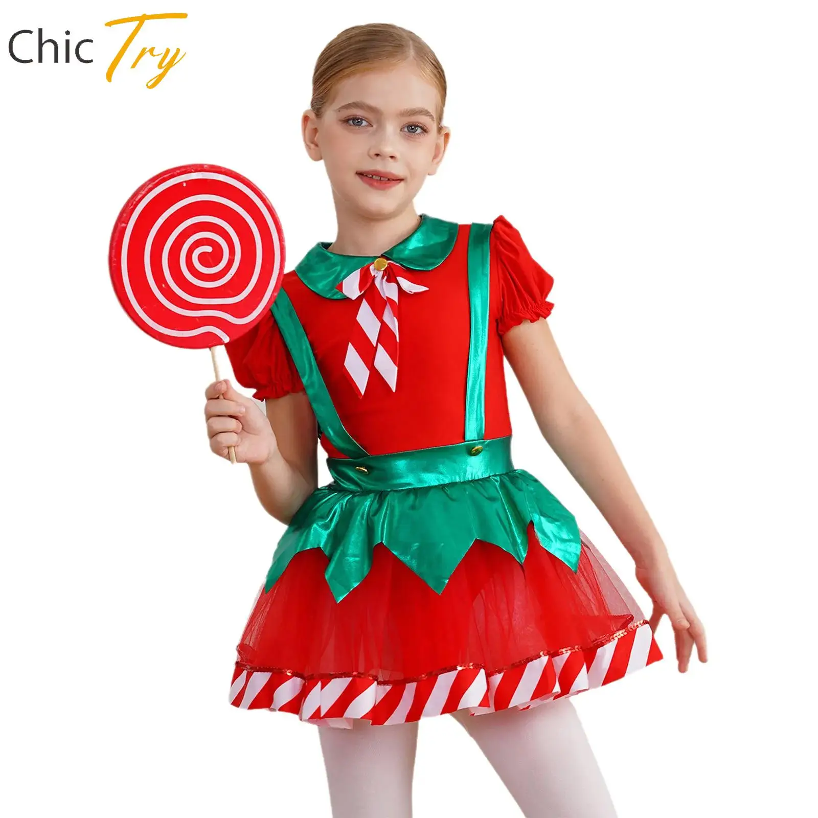 Kid Girl Christmas Costume Ballet Dress Puff Sleeve Bow Stripes Tutu Dress Suspender Dress Jumpsuit Dance Party Leotard Bodysuit