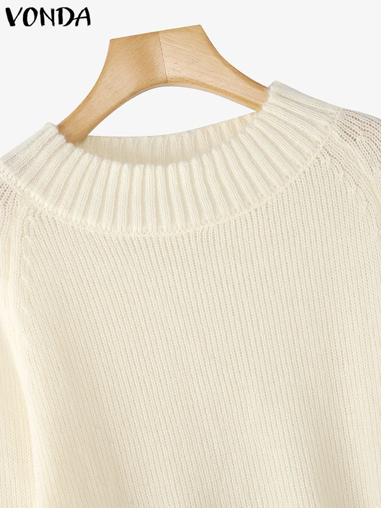 VONDA Knitted Pullovers Sweaters Women Fashion Jumpers 2025 Autumn Long Sleeve O-Neck Skew Collar White Tops Casual Knitwear