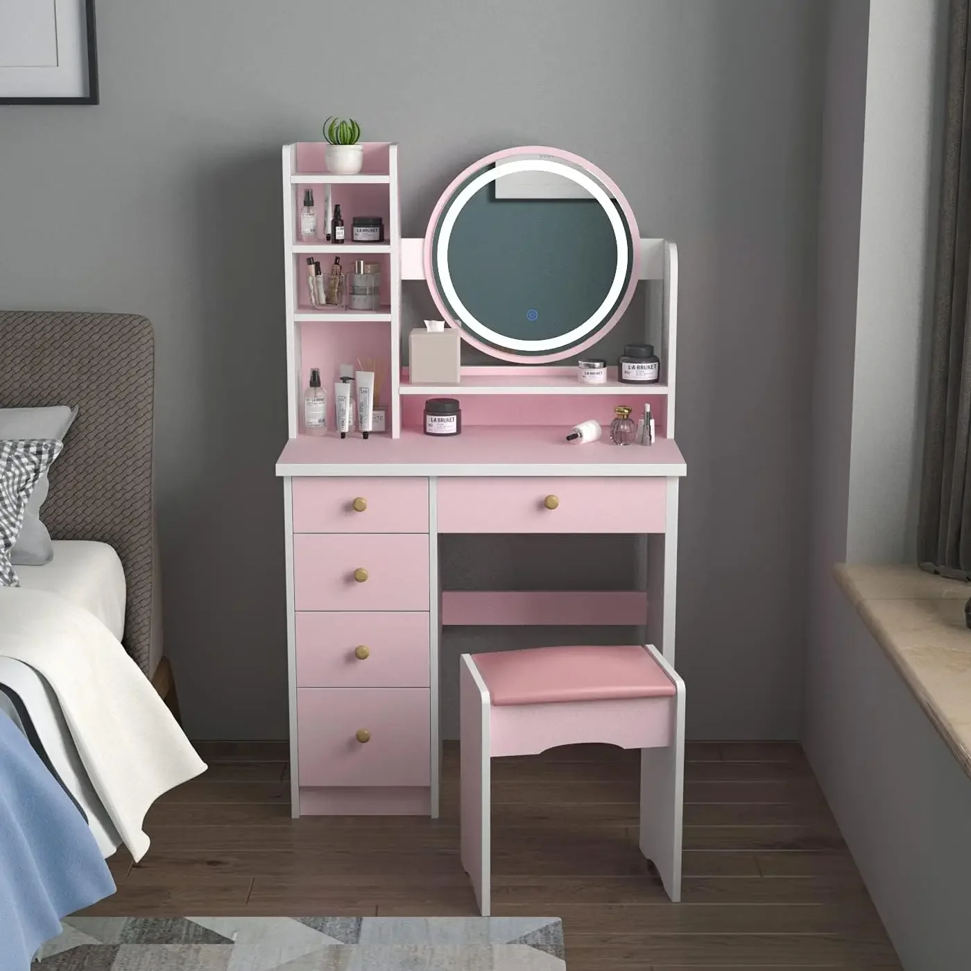 Vanity Set with Round Mirror, Makeup Vanity Dressing Table with 5 Drawers, Shelves, Dresser Desk and Cushioned Stool S