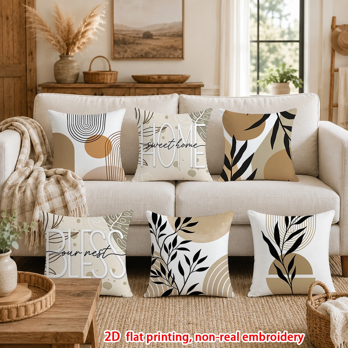 1pc  Boho Neutral Tone Throw Pillow Covers, Modern Abstract Botanical Home Sweet Home Decorative Cushion Cases for Sofa Bedroom