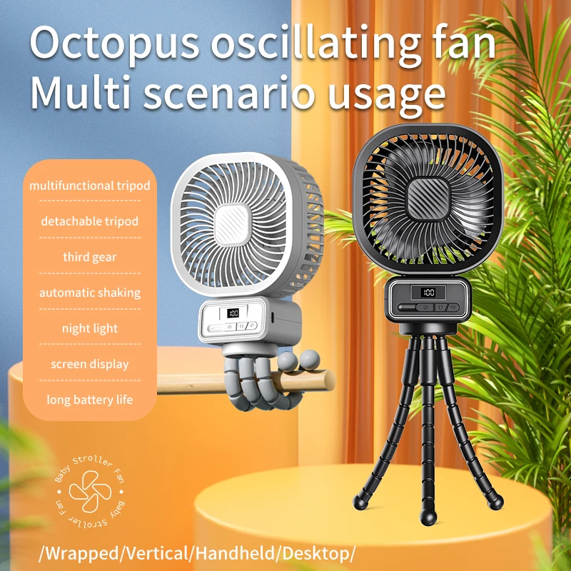 5000mAh Stroller Fan Multifunctional Handheld Standable Hung Wrap 3 Gear Octopus Oscillating Fan Portable Baby Cart Fan LED Lamp