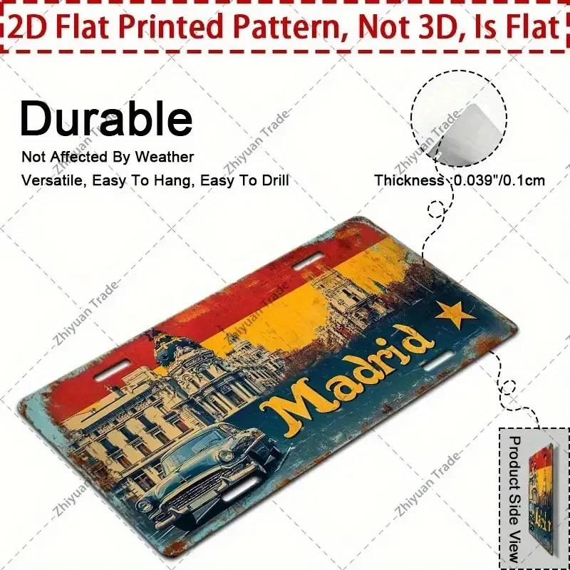 Vintage Madrid Aluminum License Plate 12x6 inch Metal Tin Sign for Wall Decor Classic Car Garage Man Cave Bar Art
