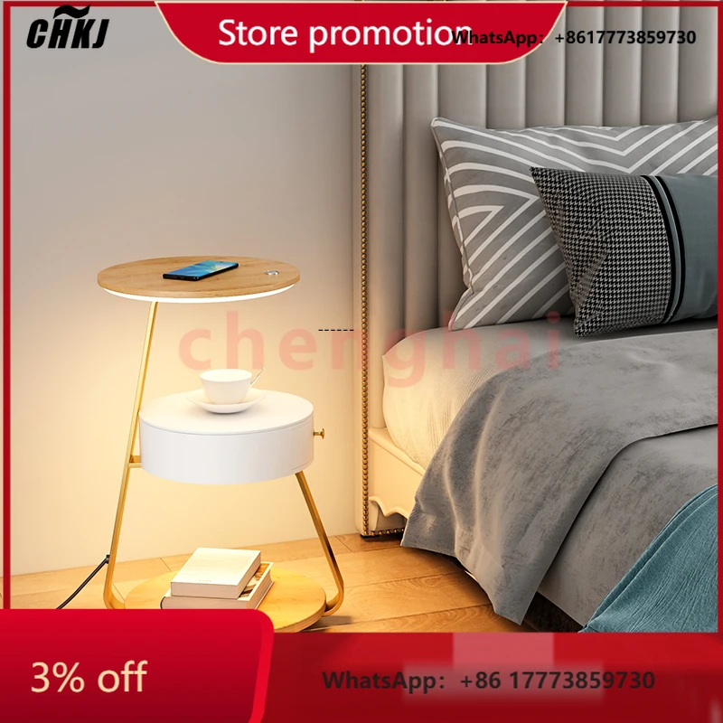 CHKJ  for Bedroom Minimalist Nightstands Small Space Round Light Smart Bedside Table With Wireless Charger Nachttisch Library