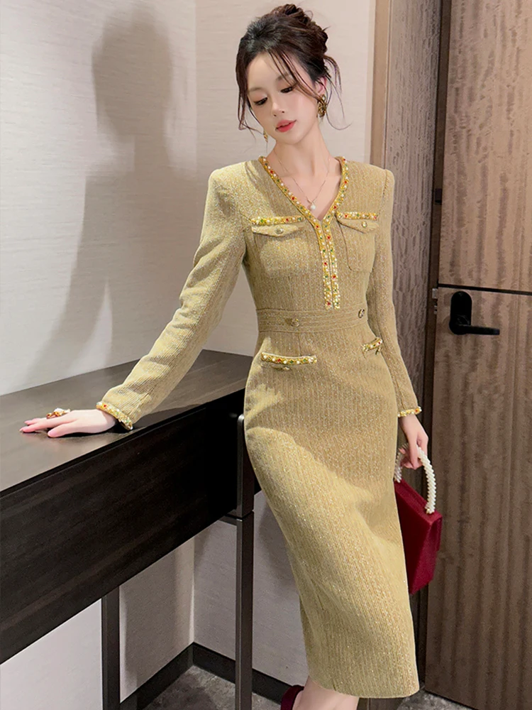 

Women Clothes Formal Occasion Retro Tweed V-Neck Slim Midi Pencil Dress Elegant Fashion Party Vestidos Casual Autumn Winter New