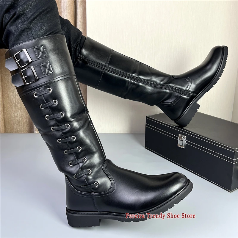 

Men's Thick Bottom Knight Boots Spring Autumn Trendy Height Increase Side Zipper Knee High Boots British Style Retro Men Shoes