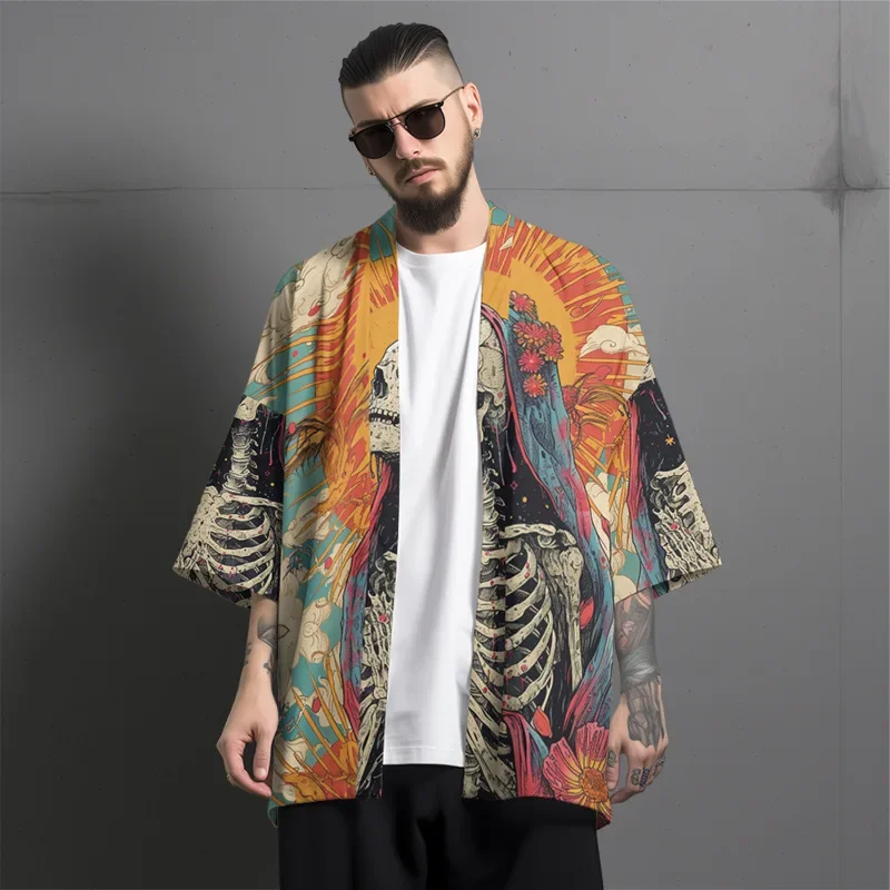 

Fashion Casual Cardigan Yukata Funny Virgin Mary of Skeletons Print Kimono Summer Men Women Traditional Haori Streetwear