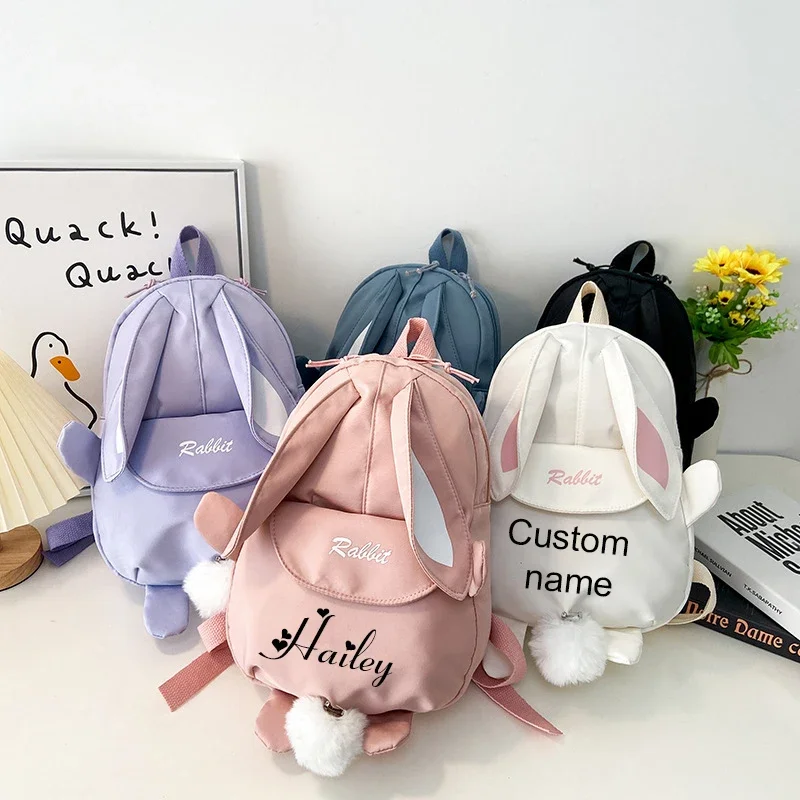 Mochila personalizada do coelho do kawaii para meninas com orelhas bonitos do coelho e o urso fofo pingente escola bookbag para crianças