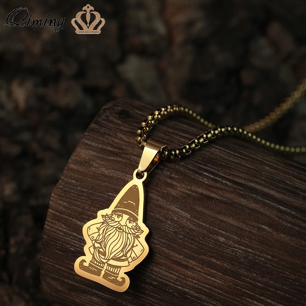 QIMING Garden Gnome Clipart Pendant Necklace For Women Stainless Steel Christmas Jewelry Gold Trendy Necklace 