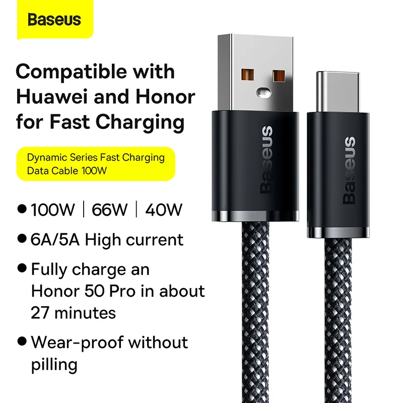 Baseus 100W szybkie ładowanie kabel USB C dla honoru 50 Pro 66W 40W typ C kabel ładowarki dla Huawei P50 P40 P30 Mate 40 Mate 30 Pro