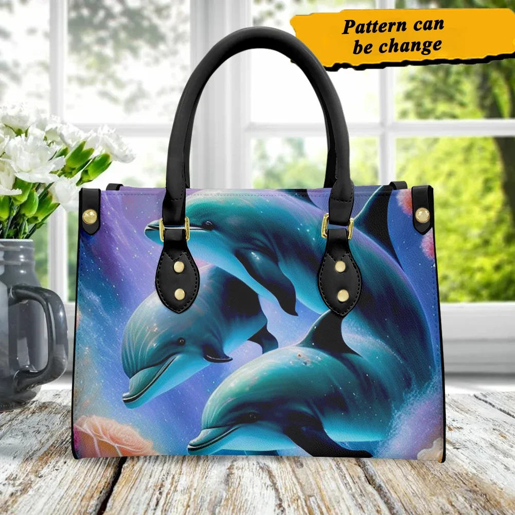 Bolso de mano con asa cruzada para mujer, bolsa de mano de piel sintética, con diseño de delfín de dibujos animados, portátil, de alta calidad, color azul