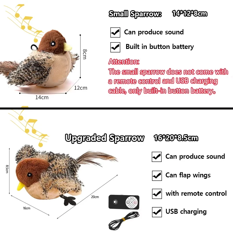 Interactive Cat Toys Flying Bird Cat Toy Flapping Wings Sparrow Catnip Toy Electric Squeaky Simulation Bird Plush Toy for Cats