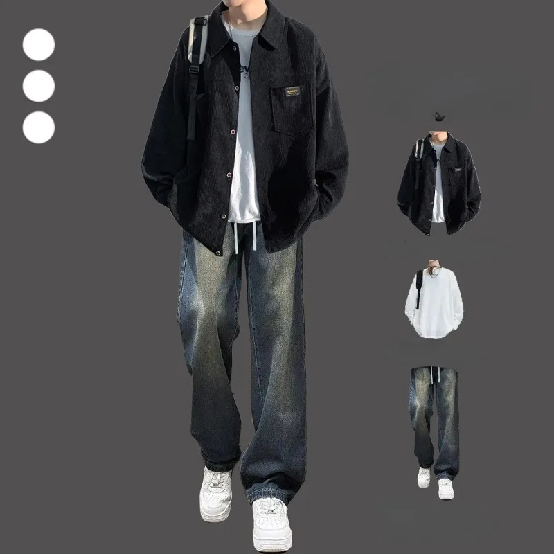 A Corduroy Shirt Men's Spring and Autumn Set for Teenagers and Students A Complete Set of High-end Cool and Stylish Men's Wear