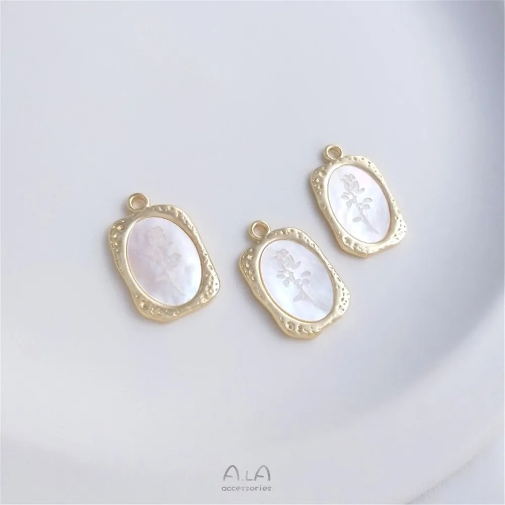 Inlaid Natural Seashell Relief Rose Blossom Vintage Mirror Frame Pendant 14K Gold Color Preservation Diy Necklace Pendant