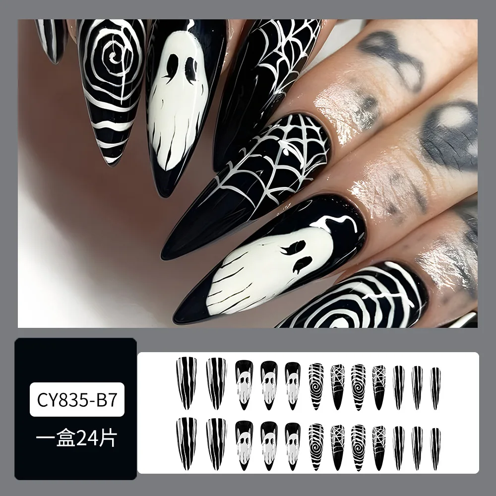 24pcs Halloween Ghost Fake Nails Set Press On Almond Nails Full Cover Black Long False Nails with White Stripes Cobweb Designs