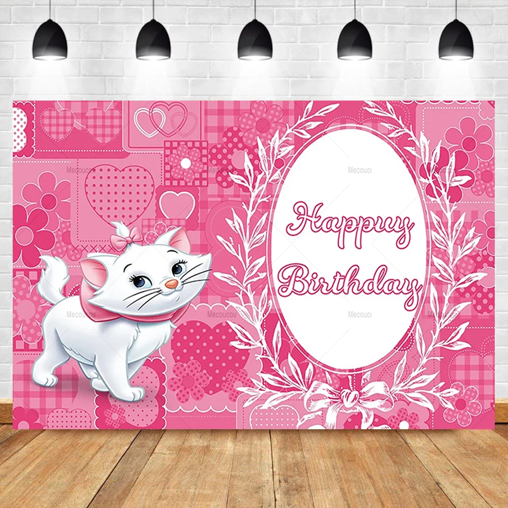 Disney Schattige Roze Mary Cat Girl Happy Birthday Party Achtergrond Aangepaste Baby Shower Party Achtergrond Foto Decoratie Rekwisieten