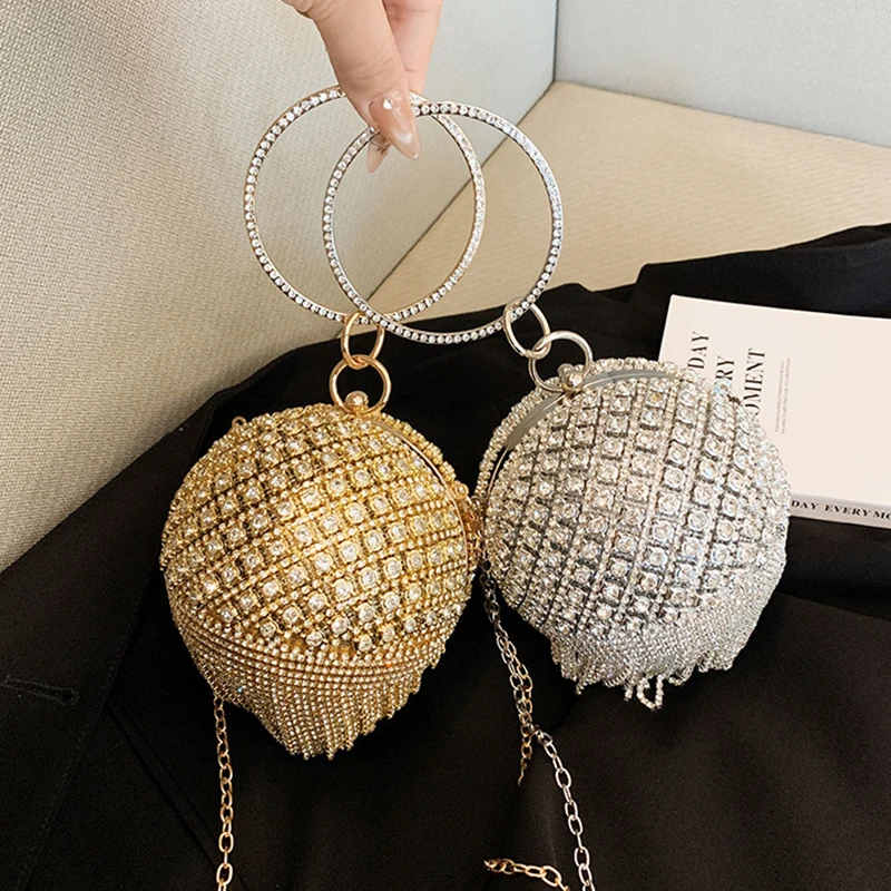 

Women Rhinestone Round Evening Bag Luxury Crystal Clutch Purse Double Ring Handle Tassel Chain Shoulder Bags for Party Wedding