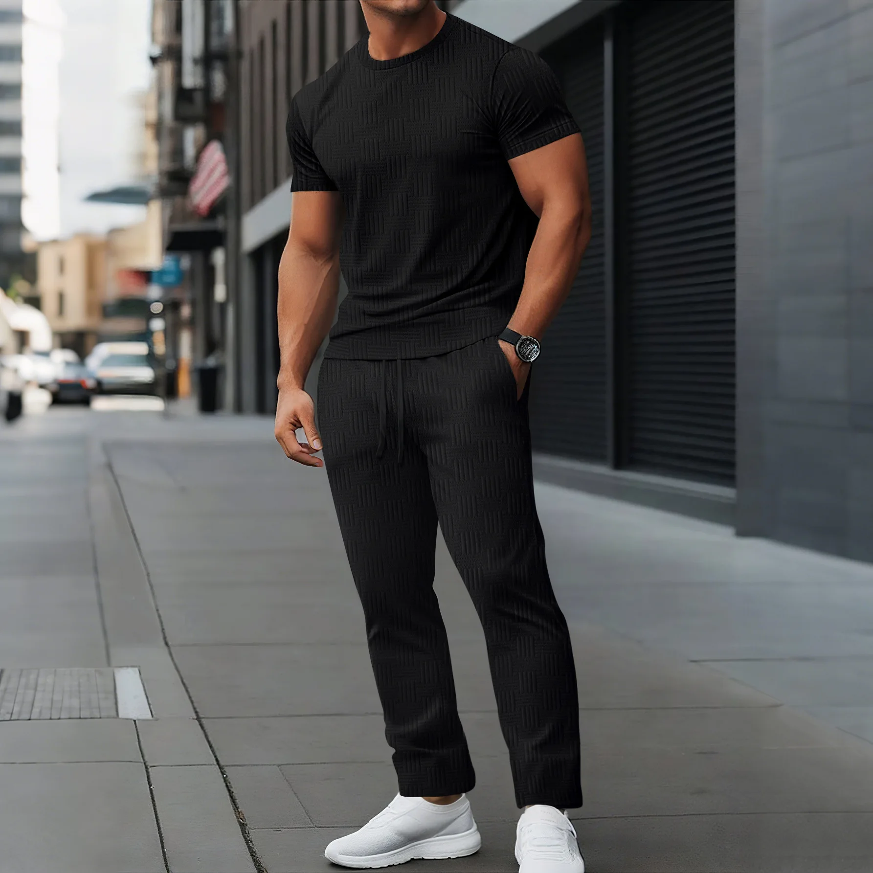 New Summer Men's Loose Outdoor Casual Solid Color Jacquard Round Neck Short-sleeved Trousers Suit