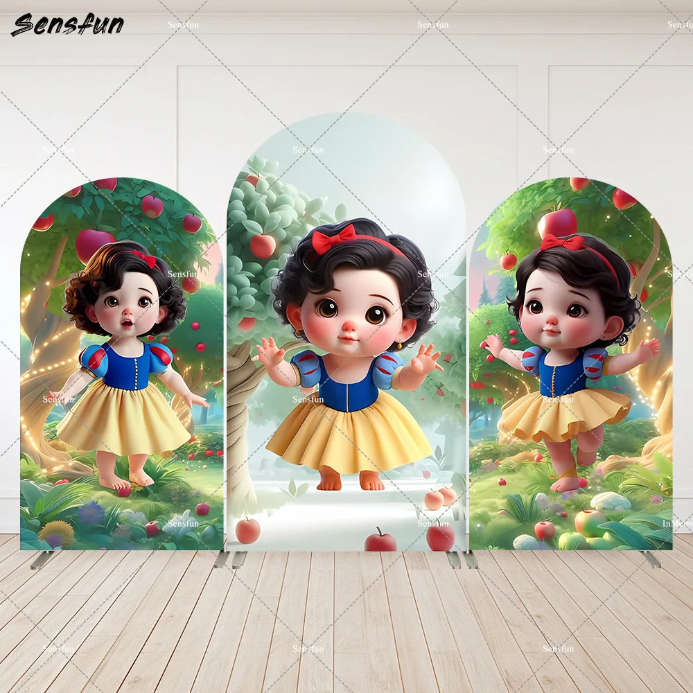 

Custom 2-Sided Disney apple tree Baby Snow White Arch Wall Backdrop Girls Princess Birthday Arched Cover Party Banner Decor