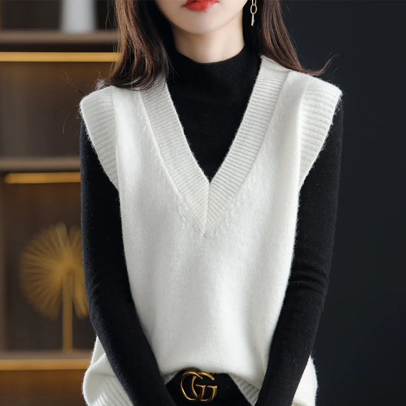 Colete de Lã 100% Pura para Mulheres, Suéter Tricotado com Decote em V, Moda Versátil, Almofada de Ombro para Uso Diário