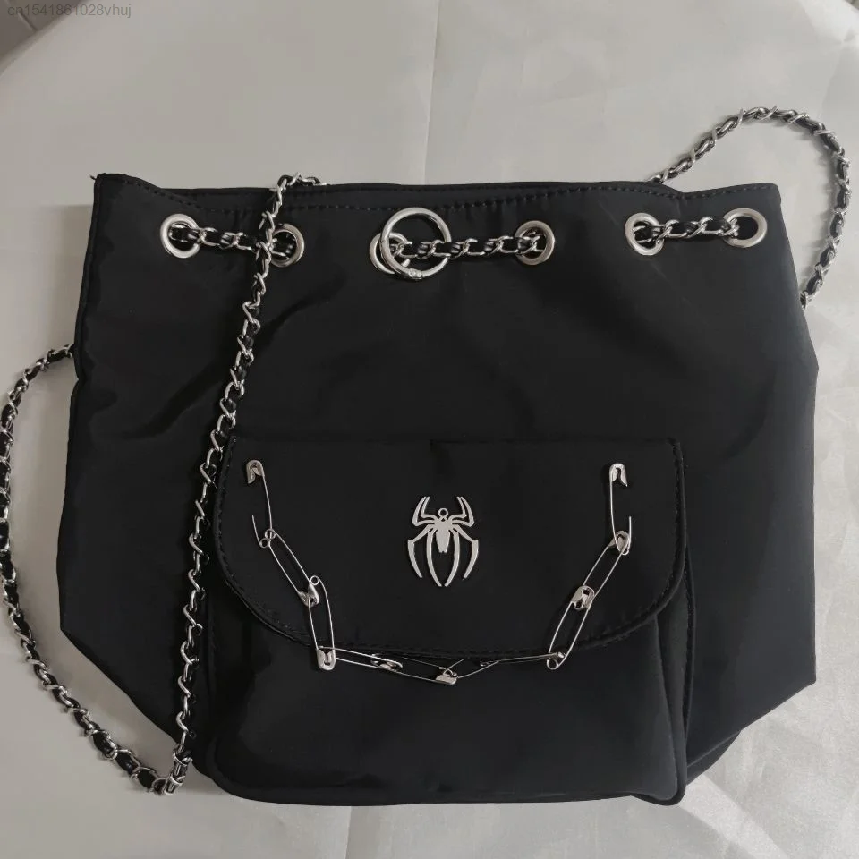 Black Spider Punk Backpack Y2K Chain Drawstring Rock Gothic Motorcycle High Street Hippie Women Men Bag Korean Fashion Yk2 Bags