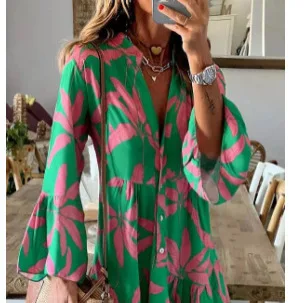 2025 الخريف بوهو عطلة قميص فساتين للنساء مثير الخامس الرقبة مضيئة كم أنيقة الكشكشة طباعة فستان الربيع فستان فضفاض غير رسمي