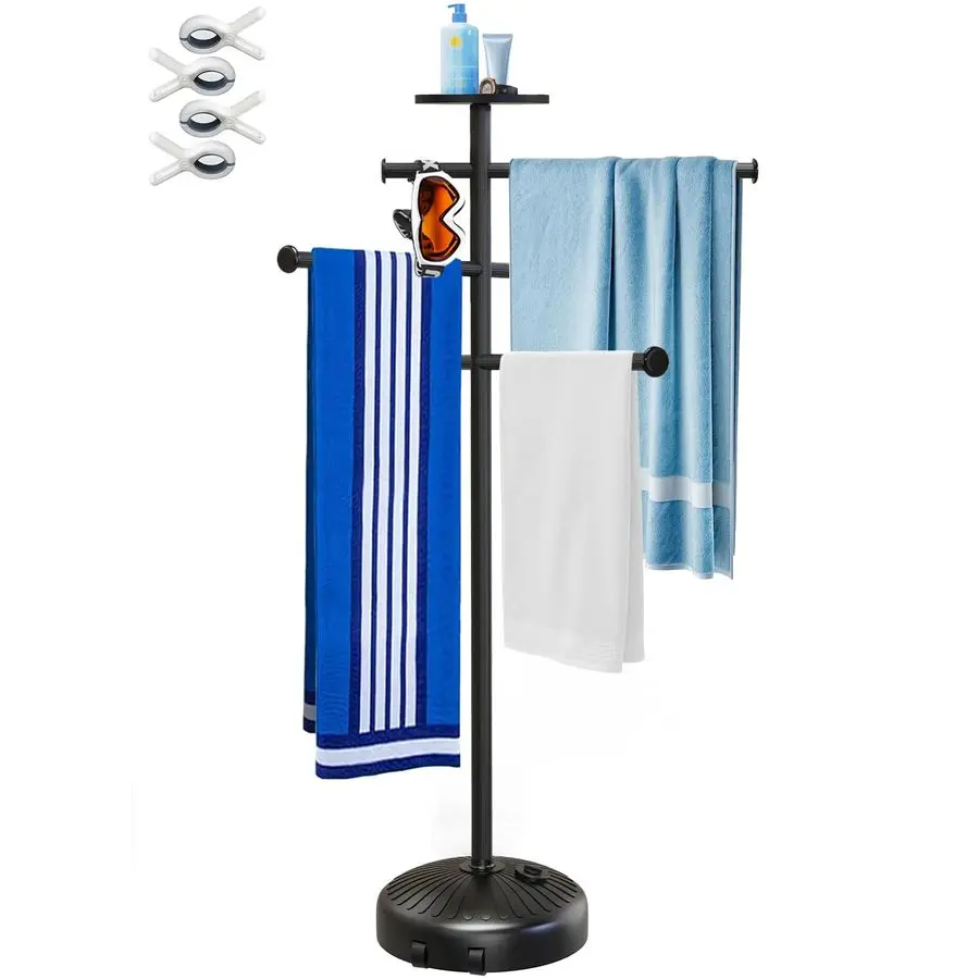 

Towel Rack with Wheels for Indoor Outdoor Use, 63 Inch Towel Holder with Storage Tray, 6 Adjustable Bars Hot Tub Accessories, Fr