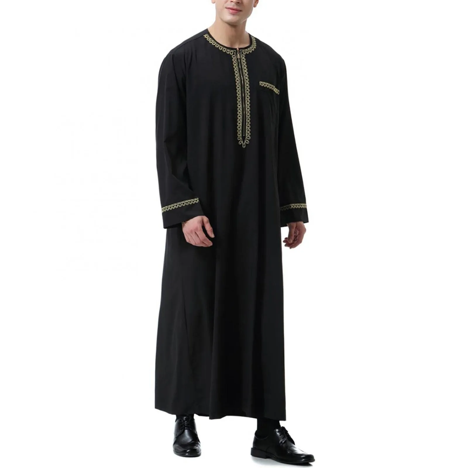 Moda musulmana Uomo Jubba Thobes Arabo Pakistan Dubai Caftano Abaya Vestaglie Abbigliamento islamico Arabia Saudita Abito camicetta lunga nera