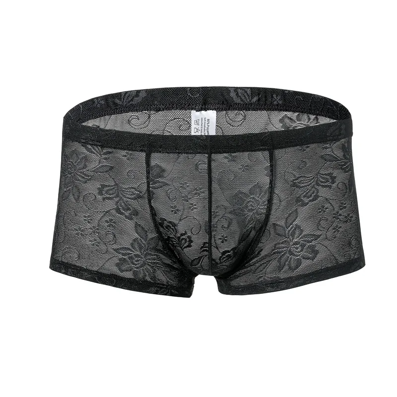 Men's Ice Silk Transparent Floral Lace Boxer Briefs Breathable Cool See-Through Underwear 5 Colors Available