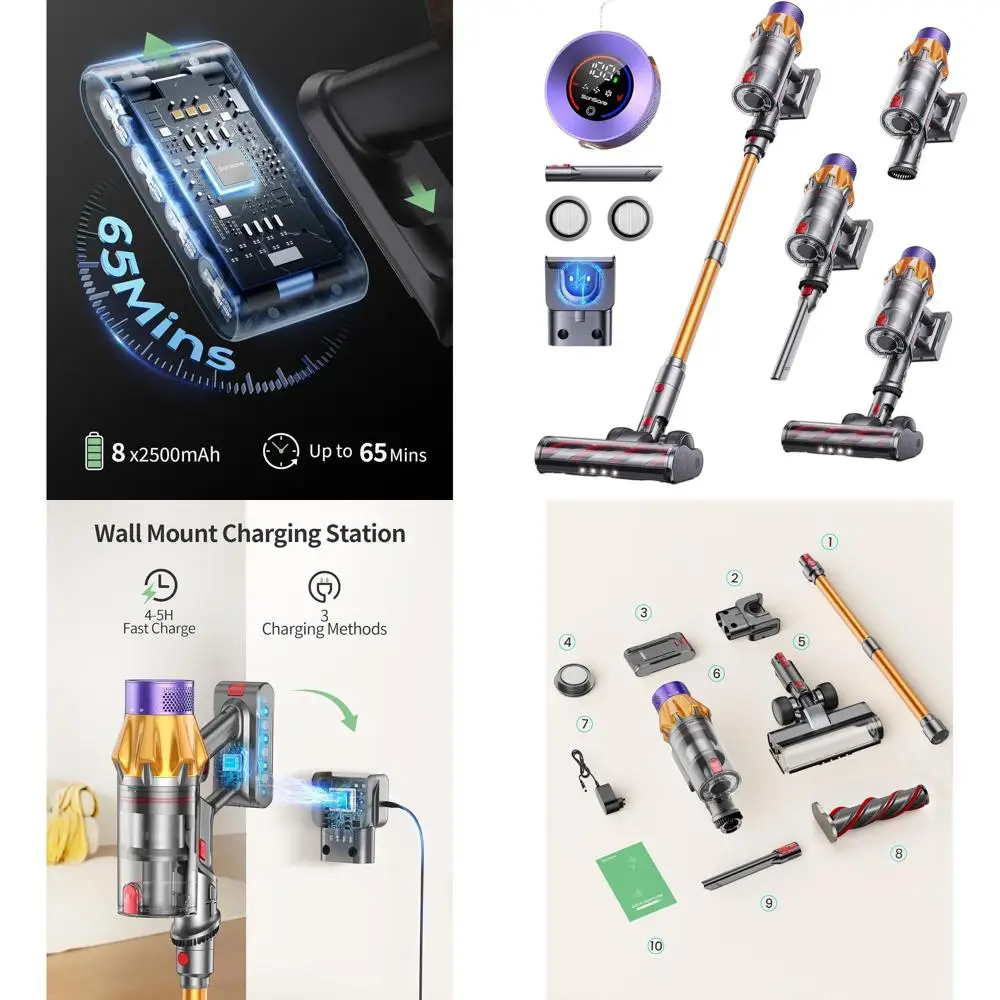 

600W 50kPa 65-Minute Cordless Vacuum, Touch Screen, Self-Standing & Wall-Mount, Ideal for Home, Pet Hair, Carpets, Hard Floors (