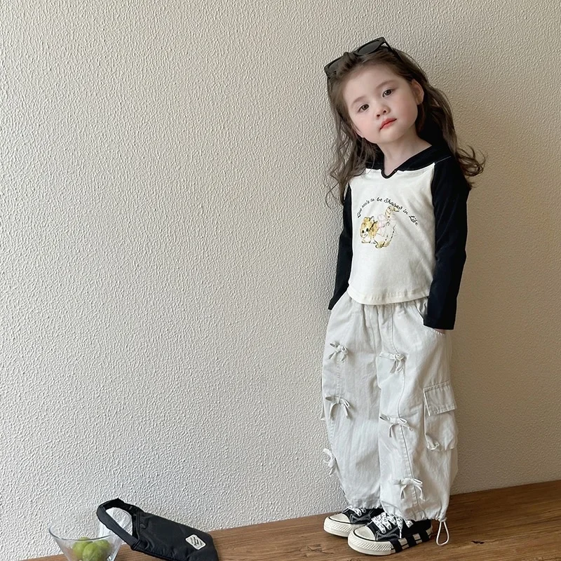 Girls Pants 2024 Autumn New Childrens Clothes Korean Style Girls Baby Foreign Style Loose Cargo Pants Casual Simple Daily image 4