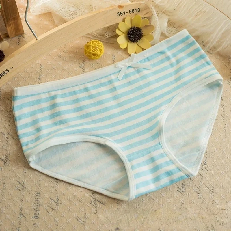 Kawaii Lolita Girls Japanese Anime Style Cosplay Women Panties Briefs With Bow Underwears Underpants Blue Pink White Stripe Gift