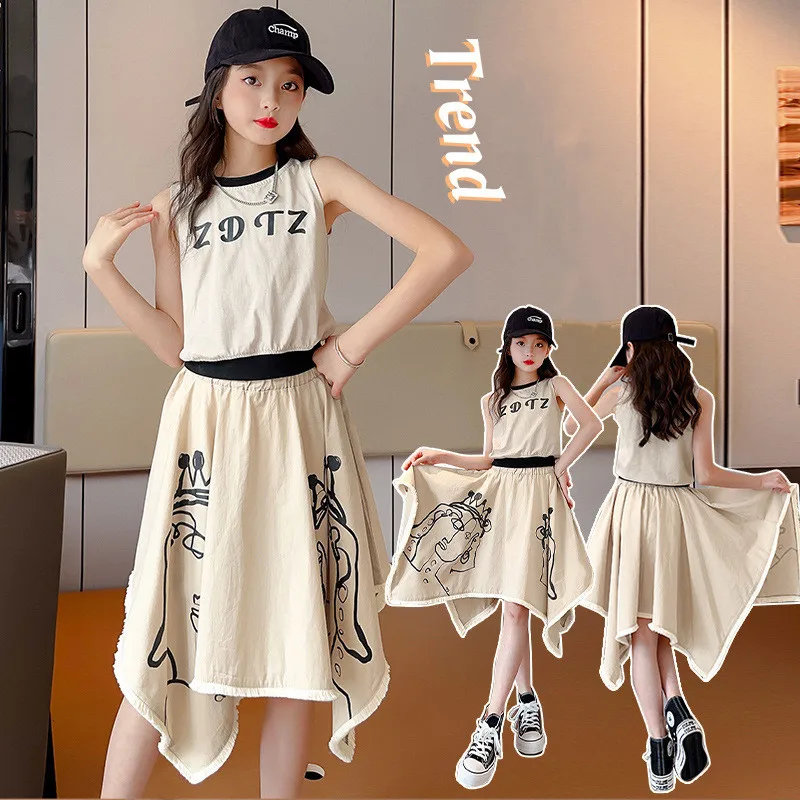 

Fashion Teen Girl Sets Sleeveless T Shirt and Skirt Two Pieces Outfits Summer Children's Costumes Kids Tracksuit 4 6 8 10 12 Y