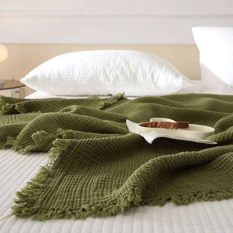 

Modern Minimalist Pure Cotton Four Layer Gauze Tassel Blanket Seasons Universal Solid Color Multifunctional Ofice Nap Blankets