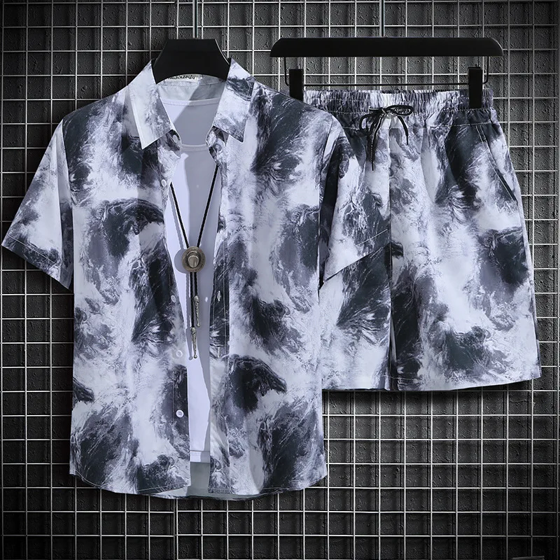Summer Short Sleeved Shirt Casual Button Up Collar Top Loose Hawaiian Flower Shirt Men's Printed Short Sleeved Shorts