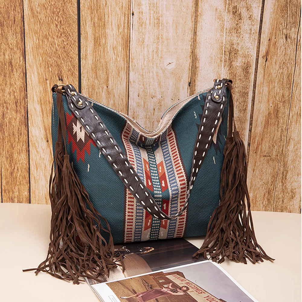 Woman Bags 2023 Trend Female Handbag Hand Made Grassland Canvas Sac Linen One Shoulder Bohemian Style Crossbody Bags Tassel