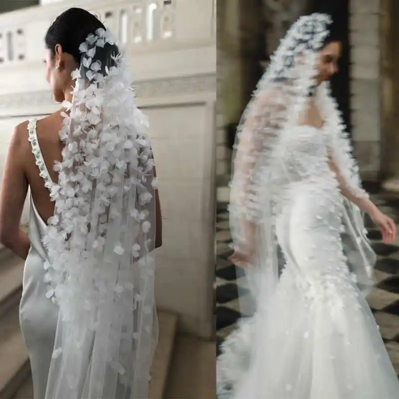 

3D Hand Made Flowers Wedding Veil One Layer Tulle Vestido De Noiva White Custom Made Elegant Bridal Wraps With Comb Customized