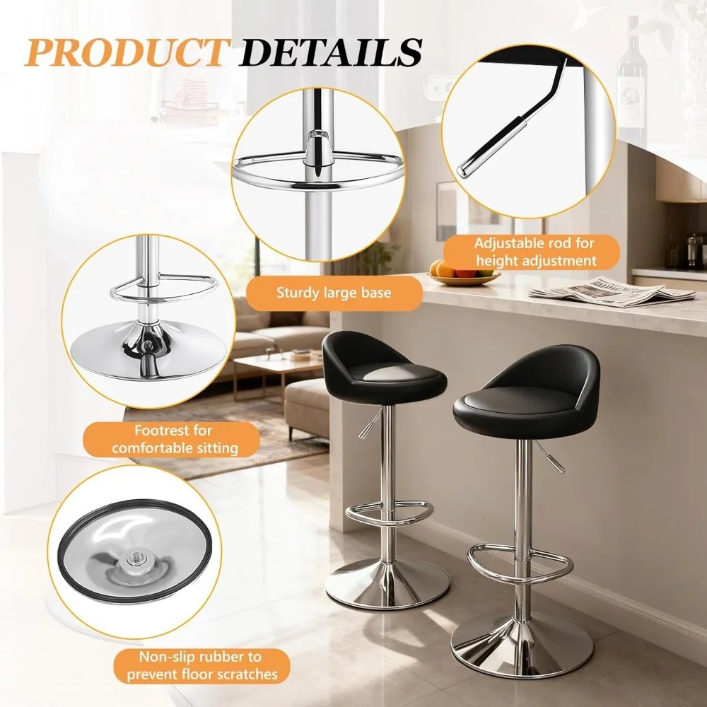 مجموعة مقاعد بار مكونة من 2، مقاعد بار دوارة حديثة مع ظهر منخفض، كراسي بار منجدة قابلة للتعديل، مقاعد للبار من جلد البولي يوريثان بارتفاع #5