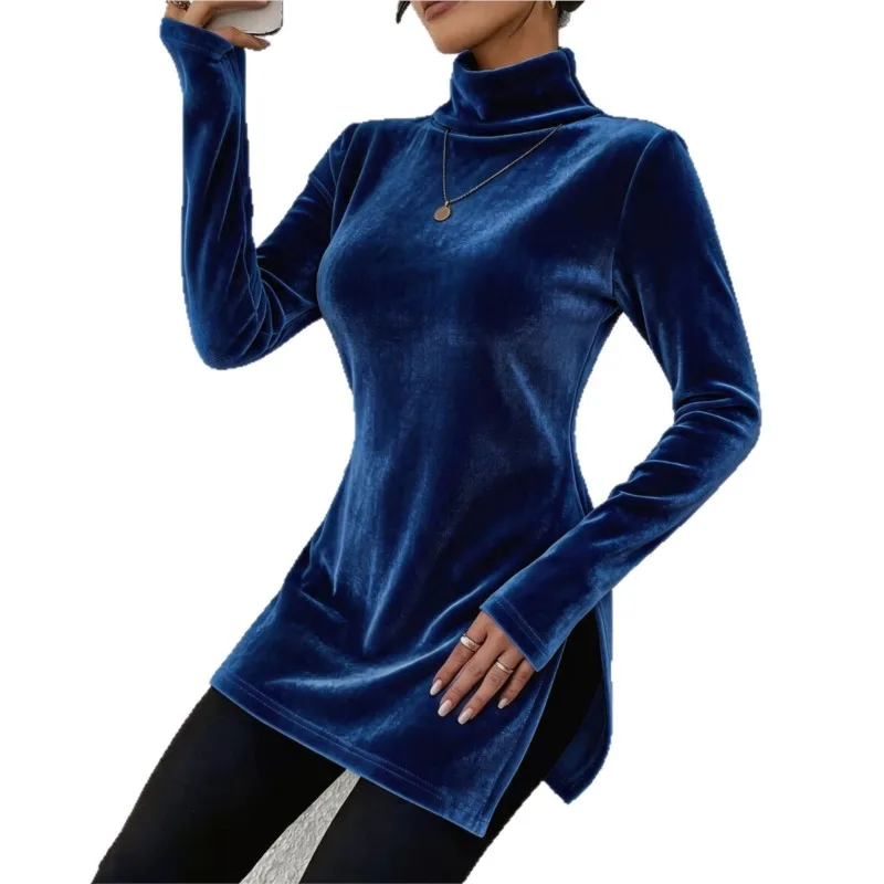 Autumn Winter Velvet Slim Mini Dresses Women's Elegant Turtleneck Long Sleeve Side Split Fit Holiday Party Versatile Dress