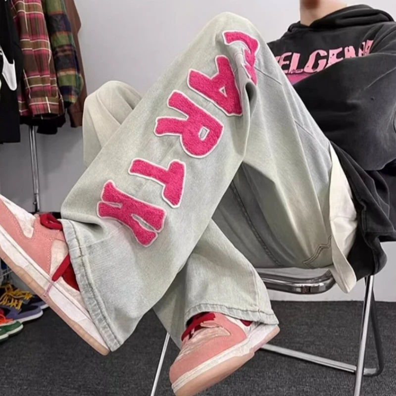 American Vintage Flocked Letter Jeans Men's Spring New Loose Full Length Casual Straight Denim Pants High Street Trousers Male