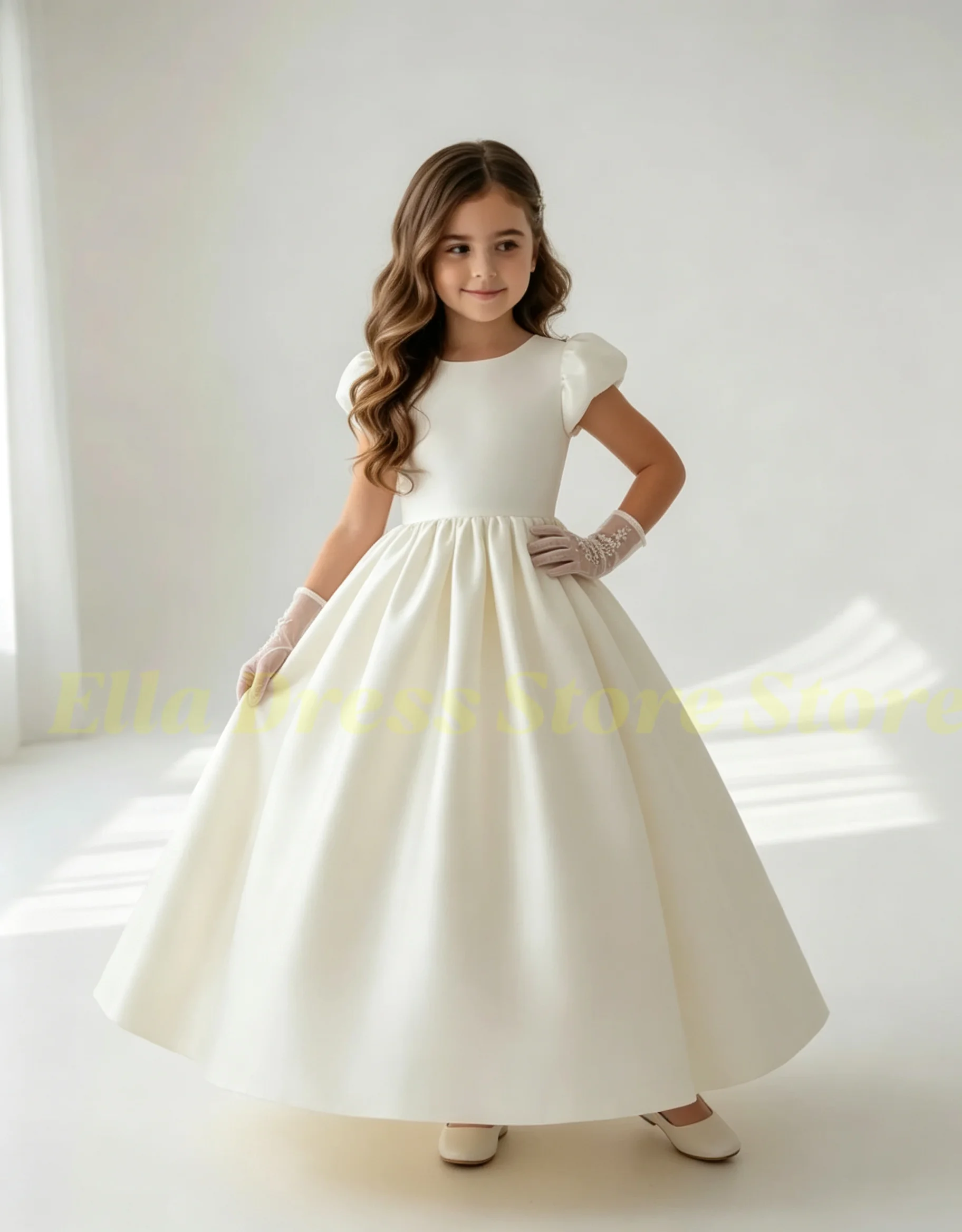 Großhandel Maßgeschneidertes Satin-Kommunionkleid für Mädchen, Kurzarm-Blumenmädchenkleider für Hochzeiten, Bodenlange Prinzessinnen-Formelle Gala-Kleider – Detail 1