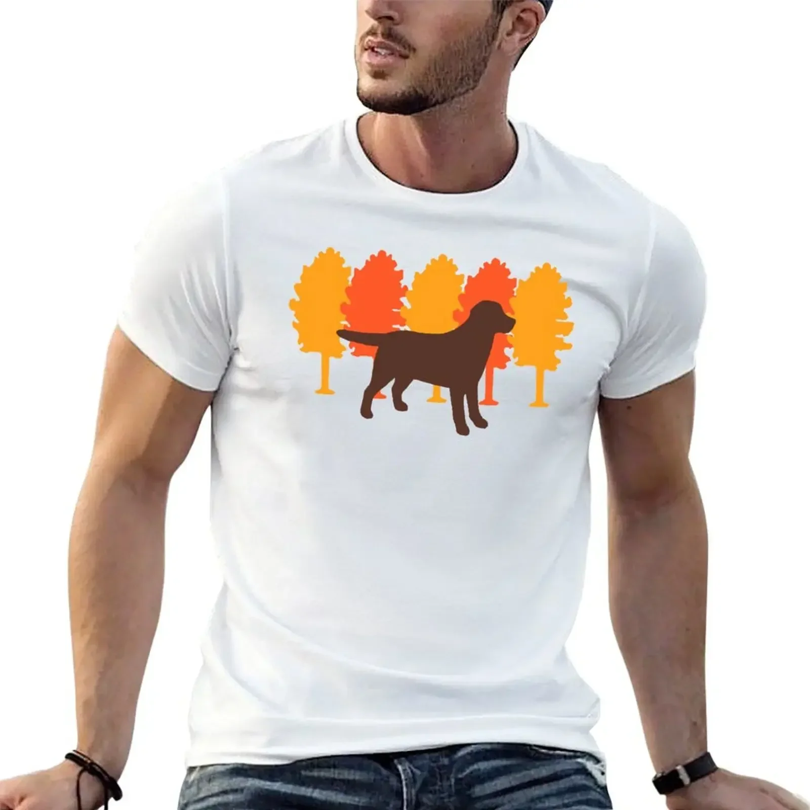 Autumn Trees Chocolate Labrador Silhouette T-Shirt graphics anime t shirts slim fit t shirts for men