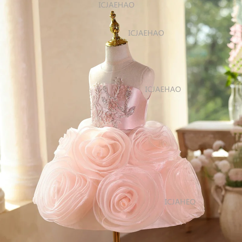 Kids Pink Floral Formal Princess Gown Costume Children Flower Girl Birthday Evening Dress Host Piano Performance Pageant Outfit
