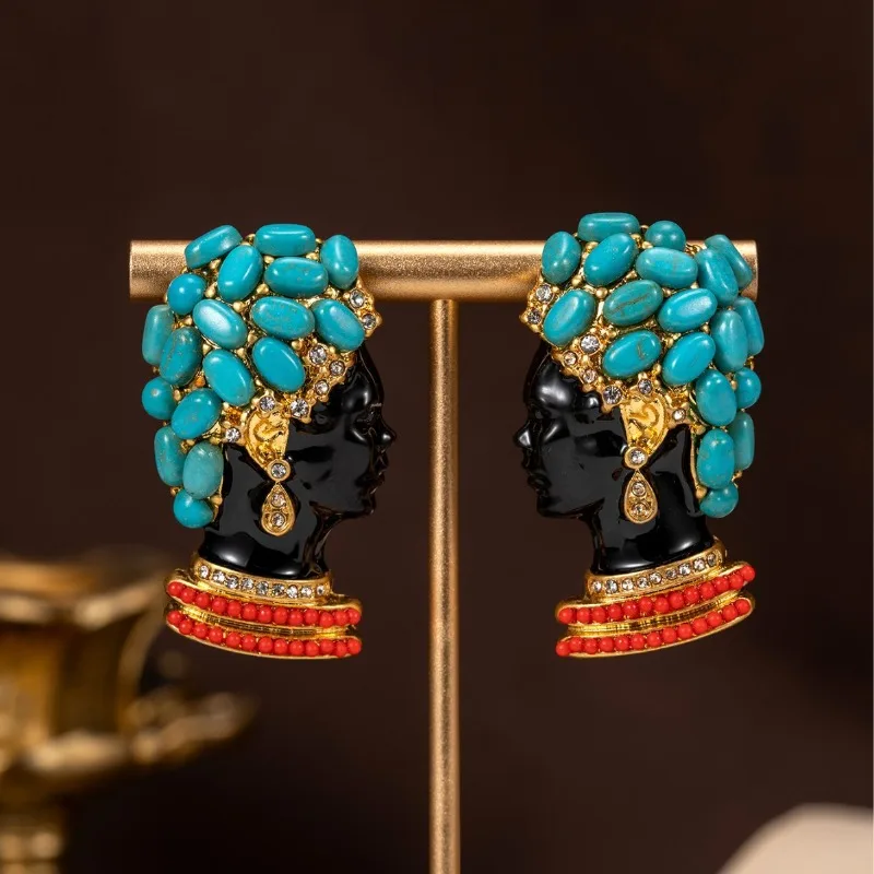 Vintage Cameo Earrings, Turquoise Micro Paved Natural Stone Retro Portrait Drop Earrings for Women