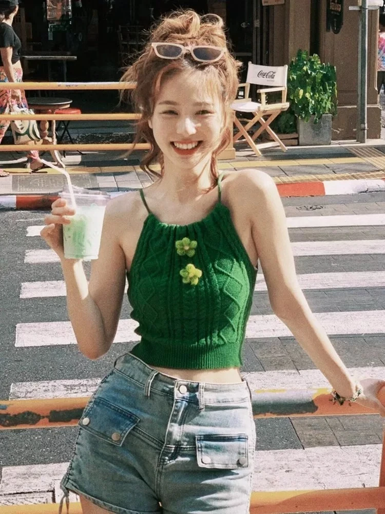 グリーン バックレス ホルターネック レディース サマー タンクトップ セクシー クロップド ノースリーブ Tシャツ ファッション カジュアル 2025 新作 日韓風 トップス