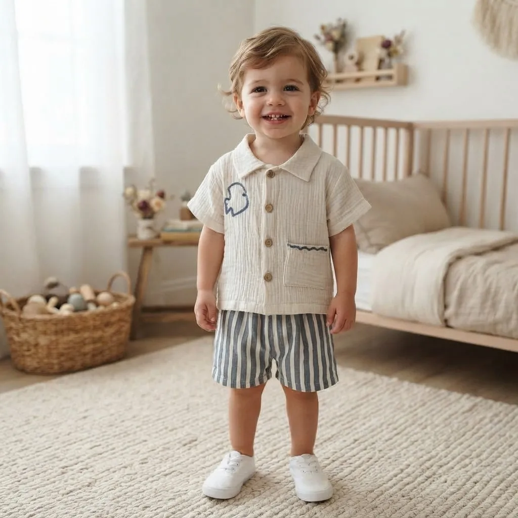 Baby Boys Muslin Crinkle Collared Shirt Set, Embroidery Fish Short‑Sleeve Top Blue White Striped Shorts 2Pcs Outfit