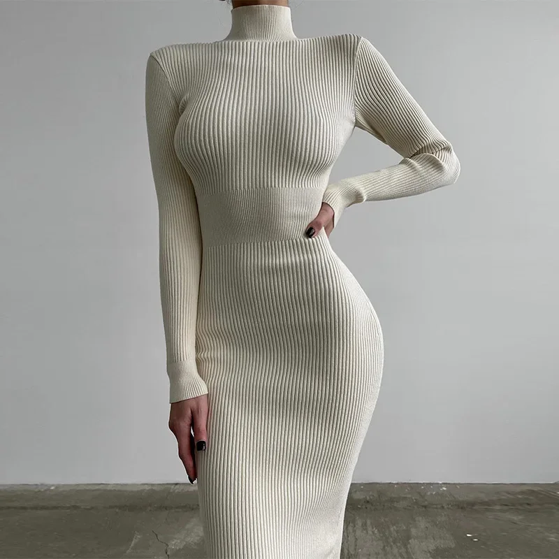 

Knitted Turtleneck Dress Women Autumn Winter Long Sleeve Bodycon Midi Dresses Female Elegant Fashion Solid Color Skinny Dress