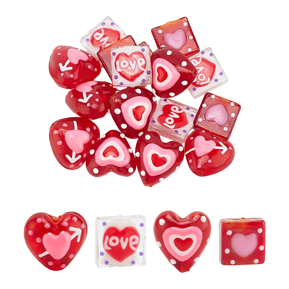 16 Pcs Handmade Lampwork Love Beads 4 Styles Red Heart Square Glass Beads Colorful Bumpy Glass Loose Beads
